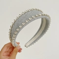 Close-up of double-row rhinestone headband with grey twill fabric and non-slip lining - Blue Gray