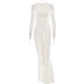 Dettaglio di un vestito bianco a maniche lunghe con corpetto arricciato e volant - L / Bianco