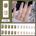 Green and pink press-on nails with plaid patterns, gold glitter and French tip finish - Y-76 Green Pink Gold Line Plaid