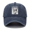 Detailed close-up of washed cotton baseball cap featuring high-quality portrait print and text - One Size / Navy Blue
