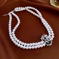 Double-layer white pearl necklace featuring a vintage silver angel embossed clasp - Retro Silver Clasp/Angel Relief