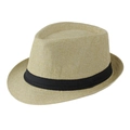 Detail of a beige linen Panama hat with a black grosgrain ribbon and curled brim edge - Adult Size (58cm) / Apricot with Black Band