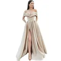 Abito da sera elegante color champagne con spalle scoperte e spacco alto - US 2 / Champagne