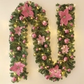 2.7m artificial Christmas garland with pink flowers, ornaments and warm LED lights - 2.7M Pink Flower With Lights
