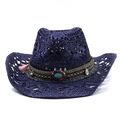 Sombrero vaquero de paja tejida azul oscuro con cuentas turquesas y cinta decorativa - M / Azul Marino