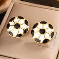 Detailed view of flower-shaped enamel earrings with dimensions on a jewelry box - Gold E-332 (Black White/Floral)