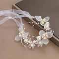 European gold leaf headband with frosted flowers, pearls and white ribbons - Pearl Flower Bracelet-White
