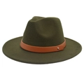 Classic dark olive green wool fedora hat featuring a brown leather belt with gold studs - M (56-58cm) / Army Green