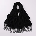 Detailed close-up of a black cashmere scarf featuring soft texture and elegant tassels - Black