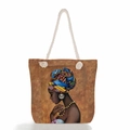Ethnic canvas tote bag with hemp rope handle and portrait of a woman in headscarf - Black Woman With Headscarf Art