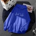 Men's and women's navy blue fleece hoodie with heart rate line print, flat lay view - S / Tops / Dark Blue