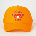 Orange trucker hat with IN MY SOCCER MOM ERA print and breathable mesh back - One Size / Orange