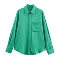 Elegant emerald green satin shirt for women with long sleeves and front pocket - XS / Emerald Green