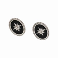 Pendientes ovalados de plata vintage con gema negra y detalle de estrella - Estilo Negro Plateado (PDE2106)