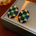 Detail of vintage oval earrings with blue enamel, green inserts, and gold floral patterns - 11# Silver Earring Post - Green - Petal