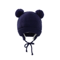 Navy blue knitted baby trapper hat with double pom poms and warm fleece lining - Hat / Navy Blue