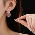 Boucles d'oreilles perles élégantes avec breloques cœur en cristal rouge et violet - 85# Tige en Argent - Coeur Rouge Violet Perle