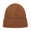 Close-up of caramel brown ribbed knit baby beanie showing detailed wool texture - Caramel color
