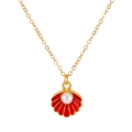 Elegant gold shell necklace with red enamel finish and center white pearl accent - Gold Tone Red Shell Necklace