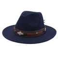Detail of dark blue wool fedora featuring a brown leather band and silver metal hardware - Navy Blue