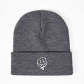 Close-up of the white melting smiley face embroidery on a dark grey knitted beanie - Medium Heather Grey