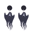 Macro detail of black and white acrylic ghost earrings with high gloss finish and hooks - No.7 Long Ghost