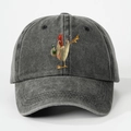 Close-up of charcoal grey washed cotton baseball cap with embroidered rooster design - Black