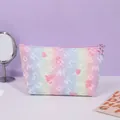 Detail view of rainbow mesh makeup bag with star charm and size dimensions 23.5x13.5x7cm - 23.5x13.5x7cm