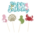 Glittery mermaid theme cake topper set with Happy Birthday sign and sea creature shapes - 25Pcs Mermaid Topper Set (1 Large + 24 Small)