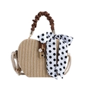 Beige round straw crossbody bag with brown pleated handle and polka dot scarf detail - Brown