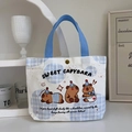 Blue plaid canvas tote bag with cute cartoon capybaras and Sweet Capybara print - Capybara Sweet Dream-White