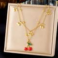 Collana a doppio strato in acciaio inossidabile dorato con ciondoli a ciliegia rossa in box - Stile Ciliegia (N3454)