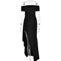 Robe longue noire élégante à épaules dénudées avec détails froncés et fente - S / Noir