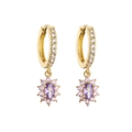 Detailed macro view of gold flower earrings with purple zircon and pink gemstones - Purple and Pink
