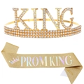 Golden Prom King set featuring a crown with crystals and a matching glitter sash - Gold Crown + Deep Gold Holographic Sash