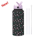 Borraccia termica 1L nero opaco con fiori, tappo viola, cannuccie e spazzola - Nero 9U