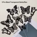 Set of 9 black translucent butterfly cake toppers with detailed hollow wing patterns - Black Transparent Butterfly 9Pcs
