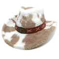 Cappello da cowboy etnico in pelliccia sintetica maculata con fibbia a testa di bue - Macchie Di Mucca (Bianco E Marrone) / Parte Superiore a Forma di Cuore Cachi