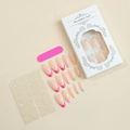 French tip almond press-on nails set with colorful edges and pink base in packaging - Multi-Color French Macaron Style (XH-87-55)