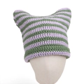 Detailed knit texture of purple and green striped cat ear beanie for winter warmth - M (56-58cm) / Light Purple