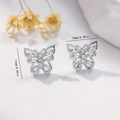 Detailed view of silver butterfly stud earrings measuring 10mm by 11mm with zircon stones - EH756 Butterfly Zirconia Studs / Silver
