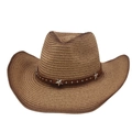 Classic straw cowboy hat with brown leather band and star studs in a clean white background - One Size(56-58cm) / Camel (With Windproof Rope & Bull Head)