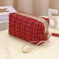 Elegante rote Tweed-Kosmetiktasche in Rechteckform mit goldenem Reißverschluss und Griff - Rot