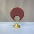 Golden jewelry display stand with wine red velvet panel and circular metal hooks - Fan-Shaped Screen Display Stand (Dusty Rose)