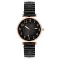 Women's quartz watch with black leaf pattern dial and rose gold elastic strap - Black