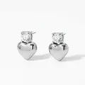 Polished silver stainless steel heart stud earrings with round clear zircon accent - Silver Heart Style (D2825)