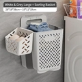 Collapsible wall-mounted grey laundry basket set with large main bin and small sorting pod - Grey - Large + Sorting Basket
