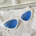 White cat-eye sunglasses with translucent blue lenses for a retro fashion look - Triangle White Frame Blue Lens Cat Eye