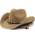 Brown straw cowboy sun hat with colorful woven band and adjustable chin strap - M (56-58cm) / Khaki