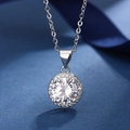 Silver-plated round pendant necklace with large clear zircon on dark blue silk background - 2-carat Round Bag Necklace Xl-27